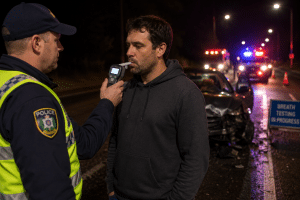 Image of man at crash side doing a breath test with an officer